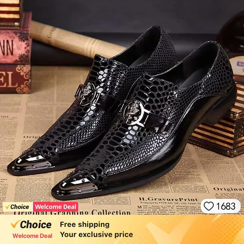 Chaussures en cuir avec lignes de crocodile pour hommes, chaussures de sauna en fer métallique, affaires commerciales, banquet, vêtements de cérémonie de mariage, mode de printemps et d'automne