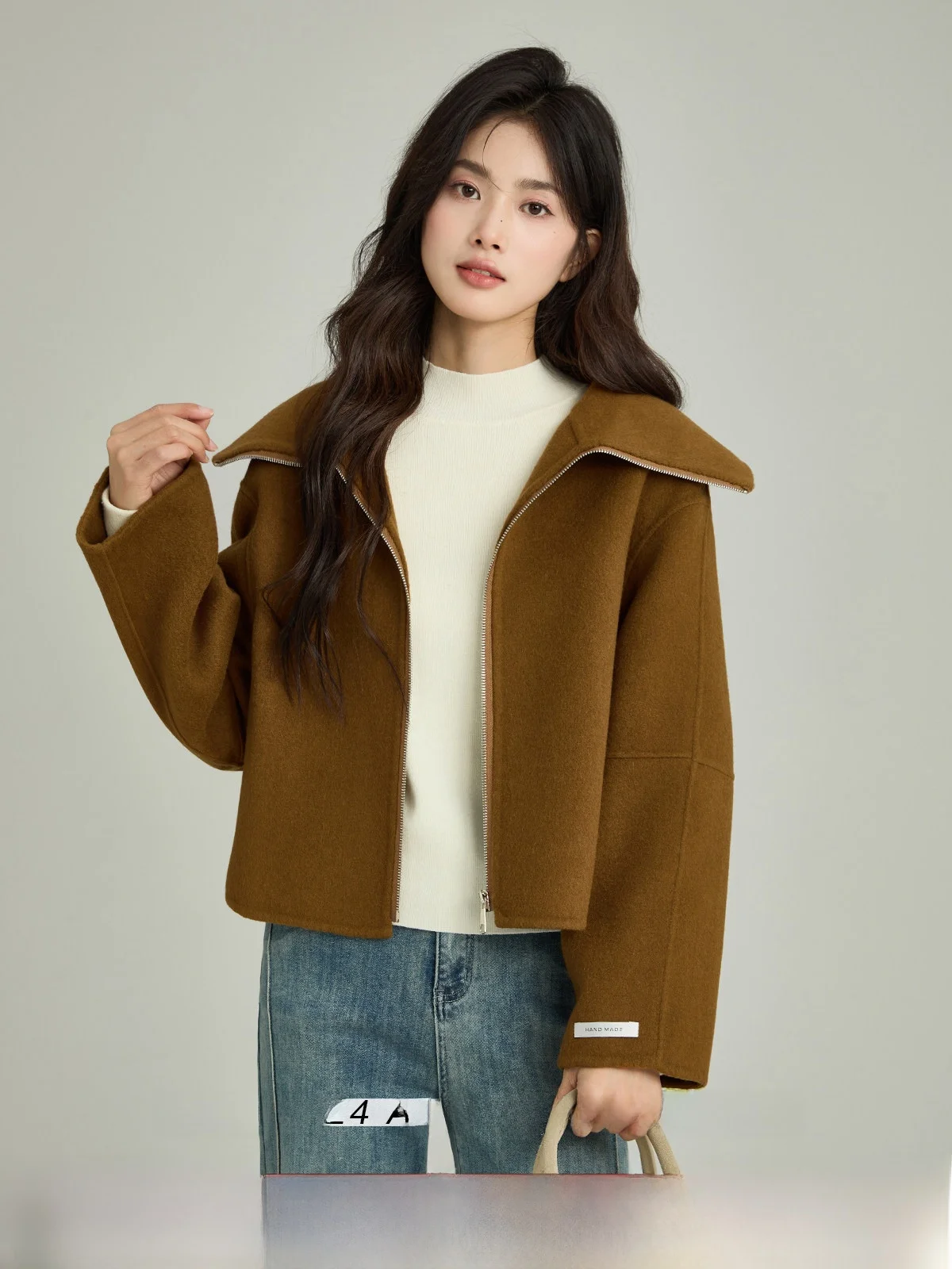 

Коричневое двустороннее шерстяное пальто с большим воротником, женская зимняя куртка для повседневной носки, на молнии, из других материалов, 00%