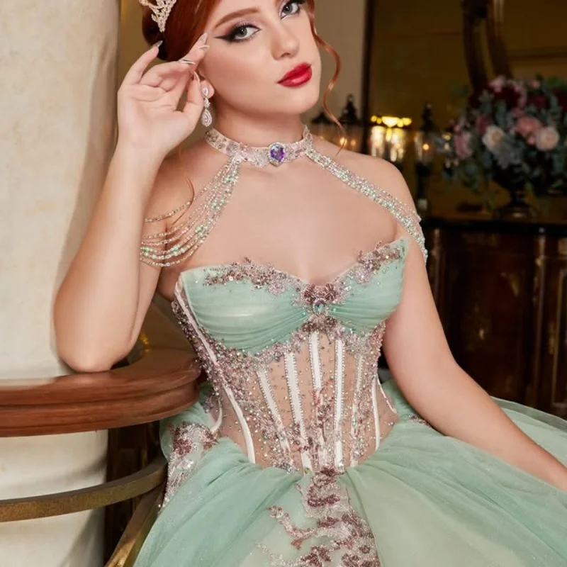

Customized Mint Green Quinceanera Dresses Off the Shoulder flower sequin applique Lace Bow Long tail Vestido 15 Quinceanera