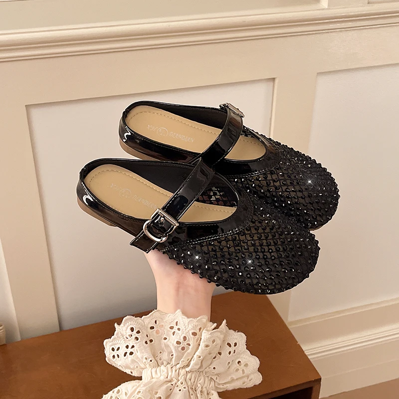 Fishnet Rhinestone Mary Baotou Slippers 2026 New Flat with Skirt and Low Heel Shoes