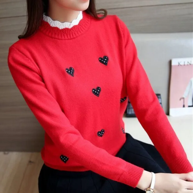 Women Autumn Winter Korean Fashion Embroidered Patchwork Mock Neck Long Sleeve Knitwear Ladies Casual All-match Temperament Tops