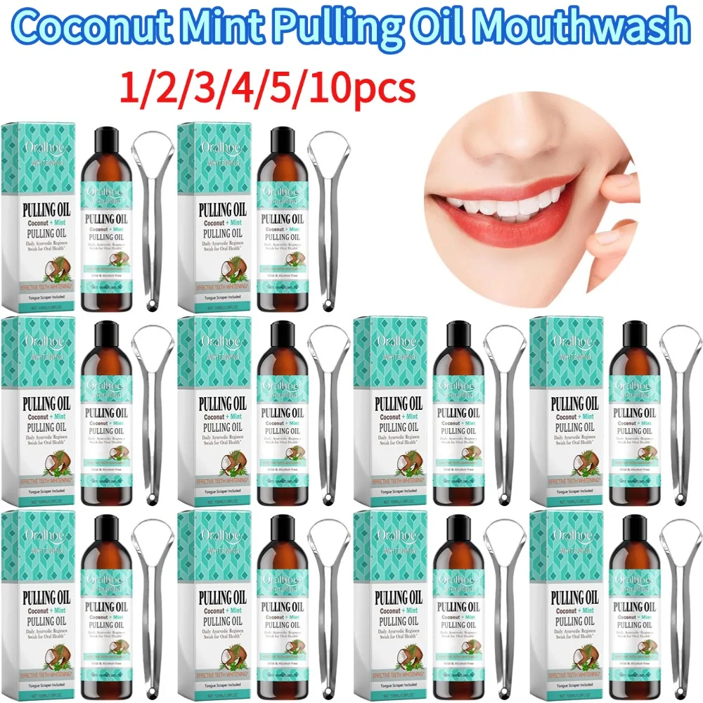 Coconut Mint Pulling Oil Mouthwash Non Alcohol Teeth Whitening Fresh Oral Breath Tongue Scraper Mouth Care Odor Removal