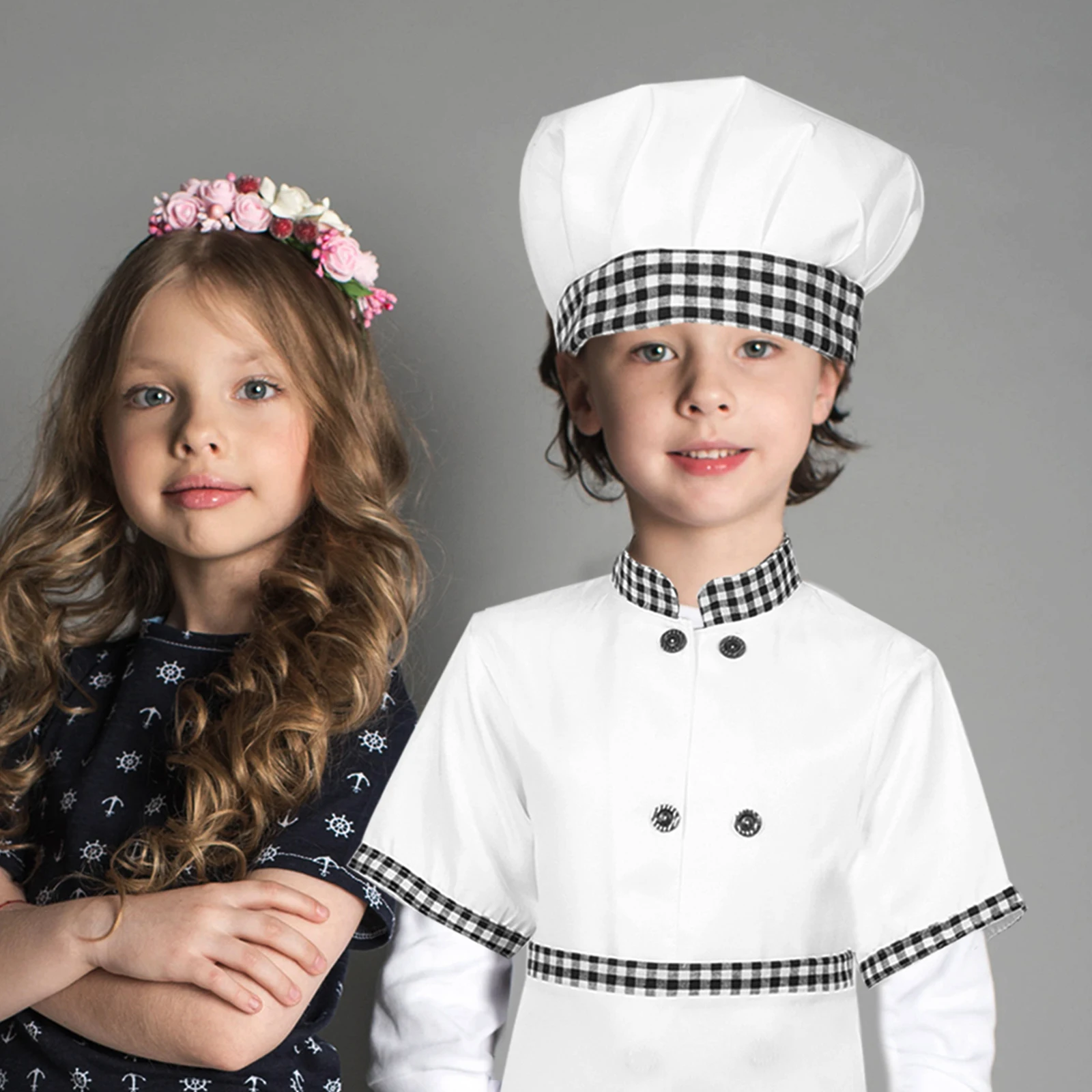 

Children Chef Costume Kids Cooking Outfit Toddler Short Sleeve Gray Checkered Pocketed Apron 130cm Role Play Dress