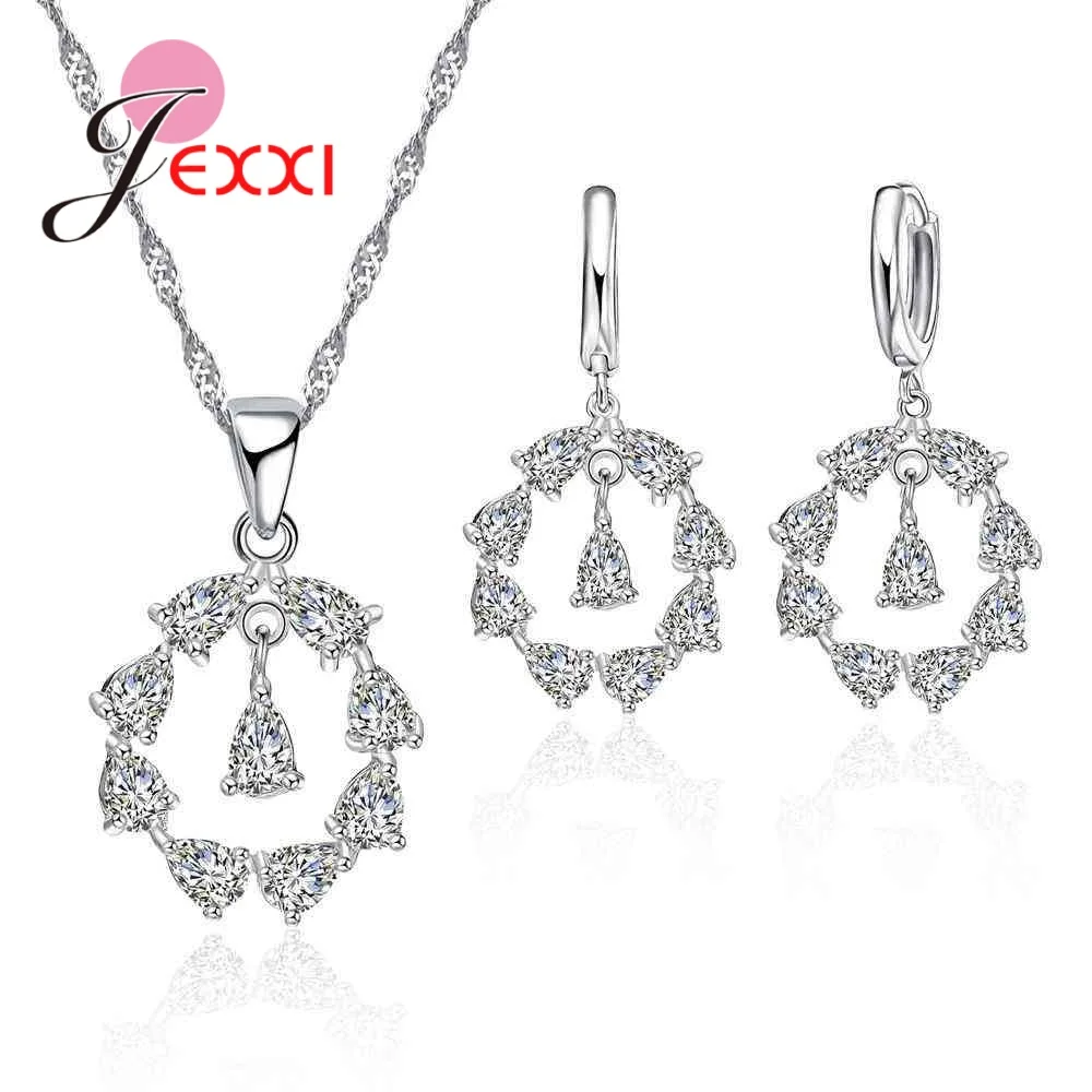 Latest CZ Gift 925 Sterling Silver Crystal Hollow Pendant Necklace Earring For Woman Fine Wedding Jewelry Gift Sets