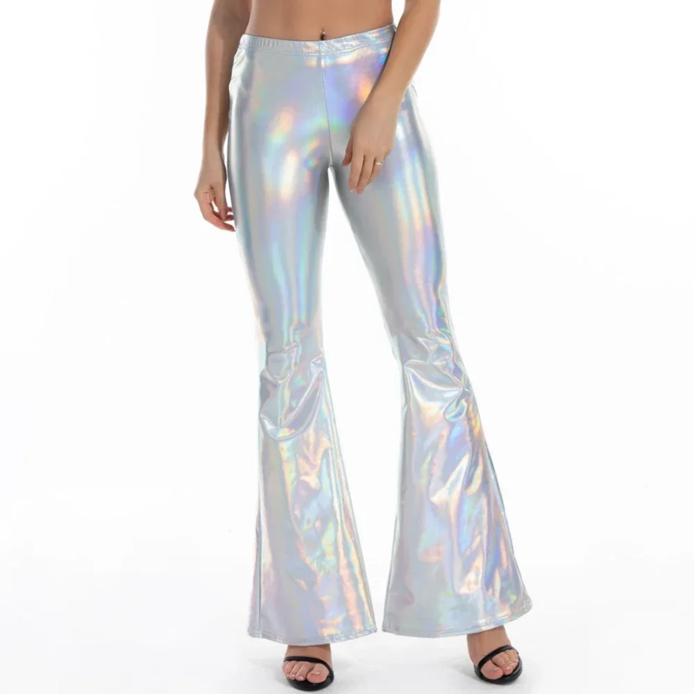 Sexy PU Leather Metallic Pants Shiny Holographic Flare Pants Women Girls Bodycon Elastic Waist Bell Bottom Trousers Clubwear