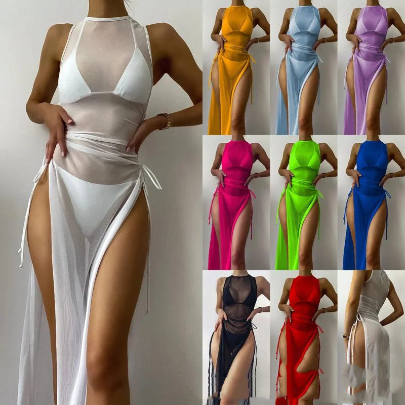 Women'S Bikini Set Solid Color Printing 3-Piece Set Beach Sexy Tight Low Waist Mesh Drawstring Split Style