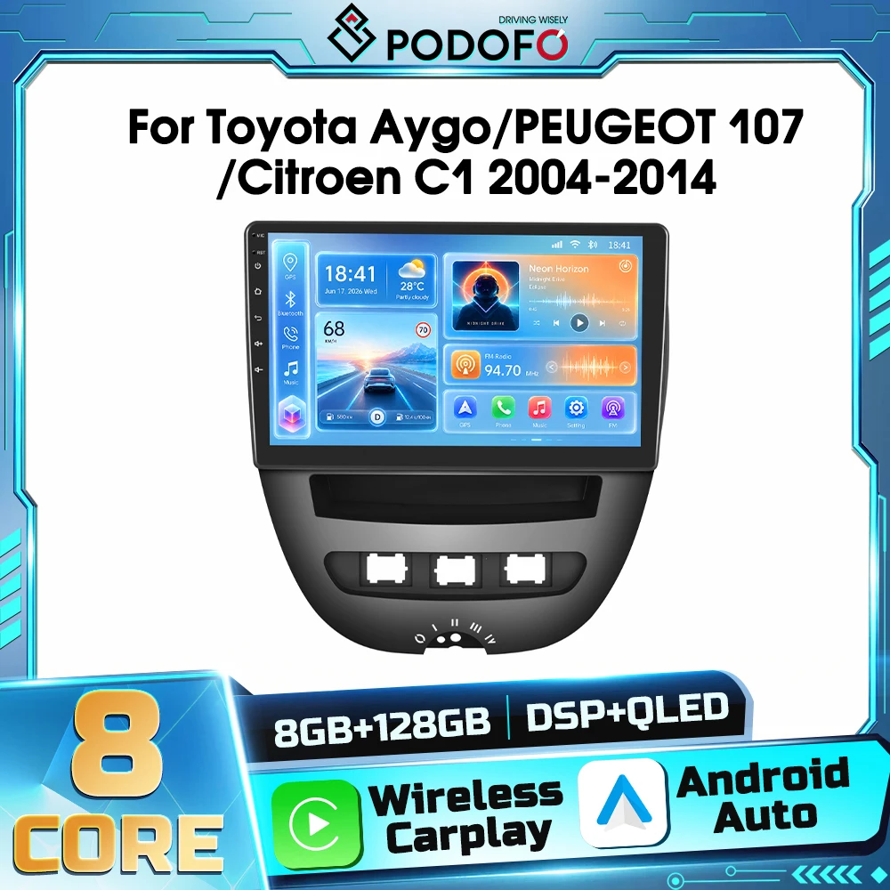 Autoradio Android 2DIN Podofo per Toyota Aygo 2004-2014, PEUGEOT 107, Citroen C1, Android Auto, DSP, WIFI, Navigazione GPS, Bluetooth, Carplay Wireless, Autoradio, Ricevitore FM RDS
