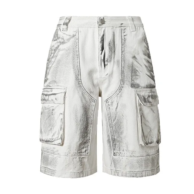 

Y2k Streetwear Distressed White Cargo Denim Shorts Men's Multi-Pocket Loose Fit 5-Inch Retro Denim Casual Utility Short Pants