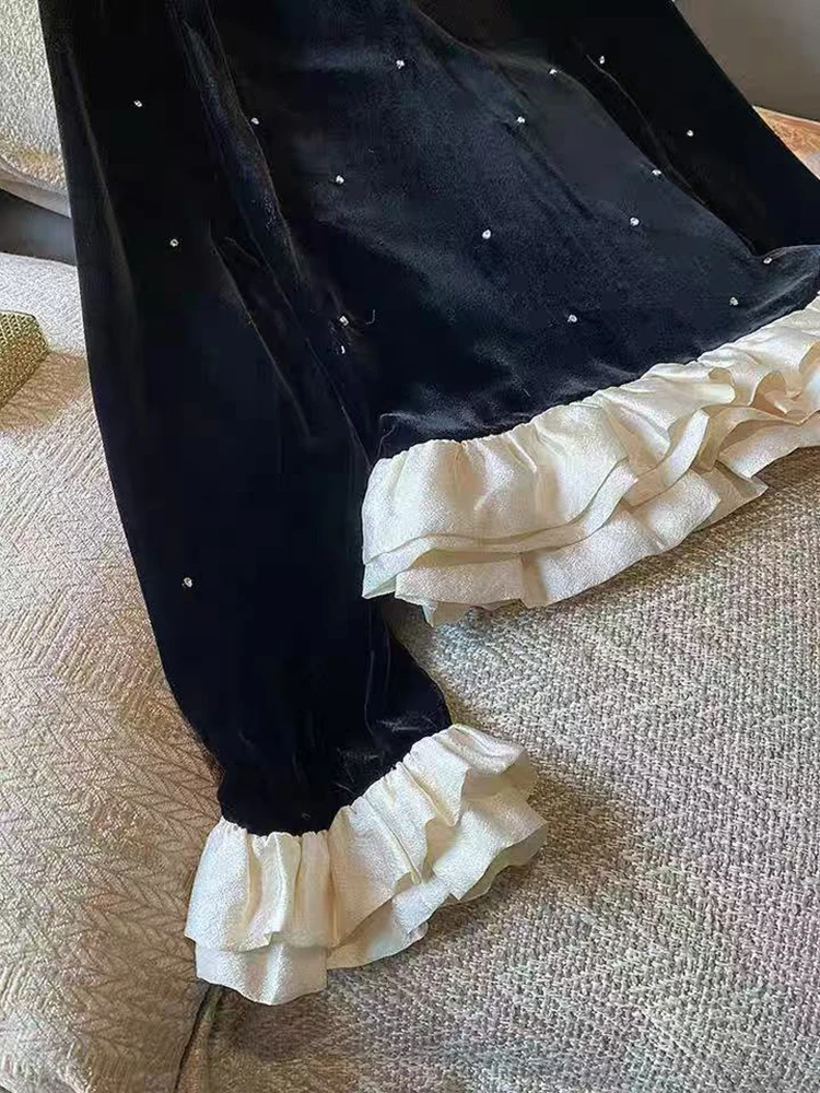 Camicetta patchwork in velluto nero donna Y2K coreano chic splicing crop top autunno manica lunga camicia femminile impreziosita da diamanti novità