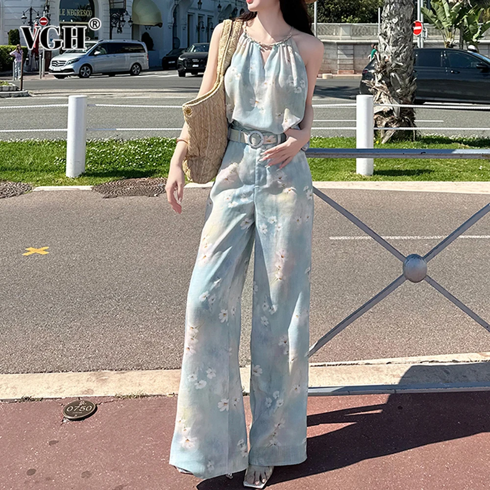 

VGH Повседневный комплект из двух предметов для женщин с круглым вырезом без рукавов, ажурный топ с высокой талией и принтом, длинные брюки, летний женский костюм