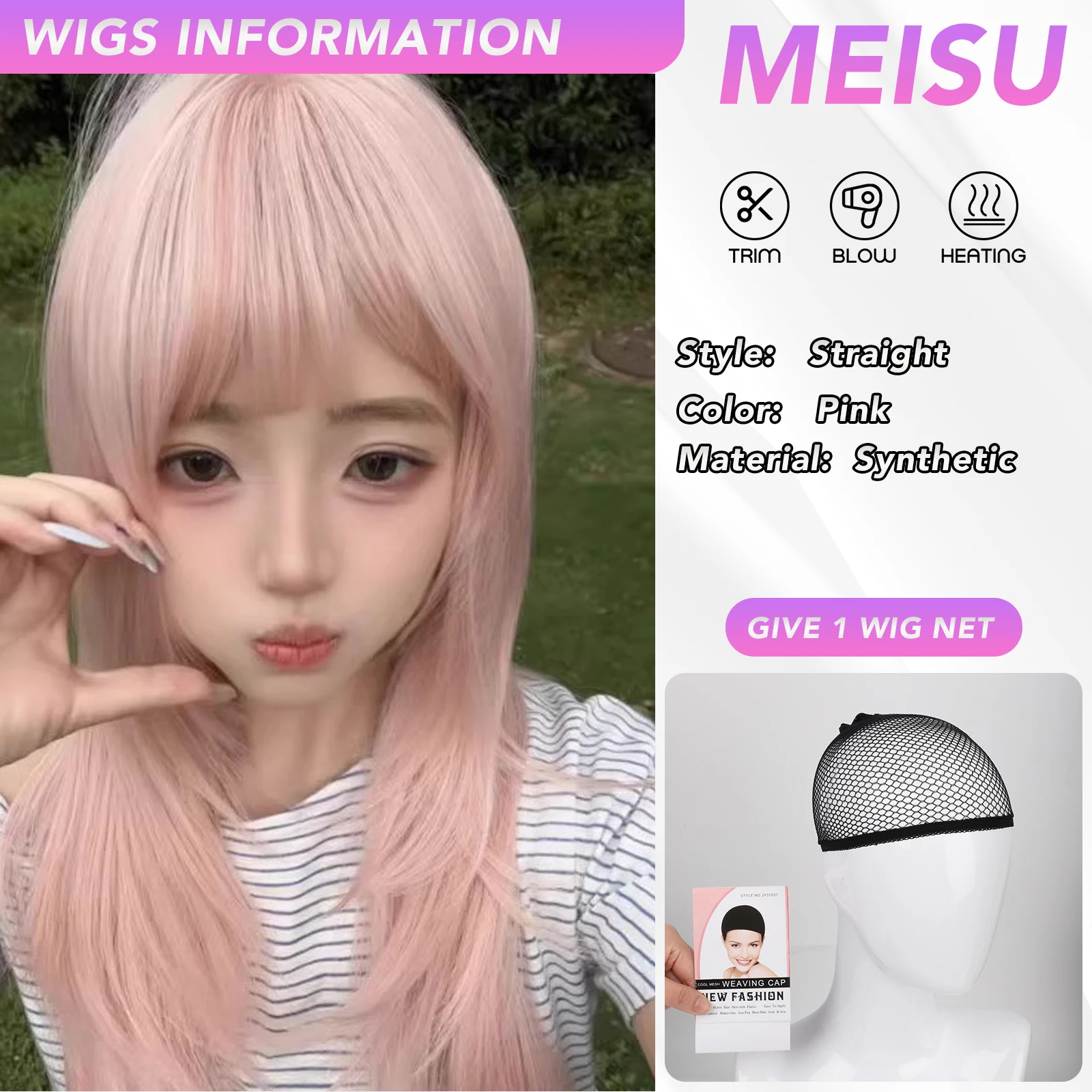 MEISU 24 Inch Synthetic Straight Wigs Air Bangs Hair PINK Heat-Resistant Natural And Smoot Daily Wear For Women