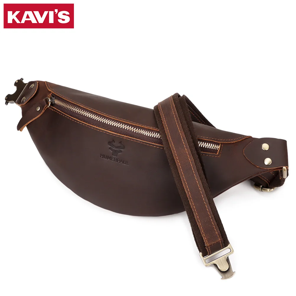 

KAVIS Men‘s Senior Leather Chest Bag With Zipper Vintage Waist Pack Male Phone Pocket For Fashion Crazy Horse Outdoor Sport