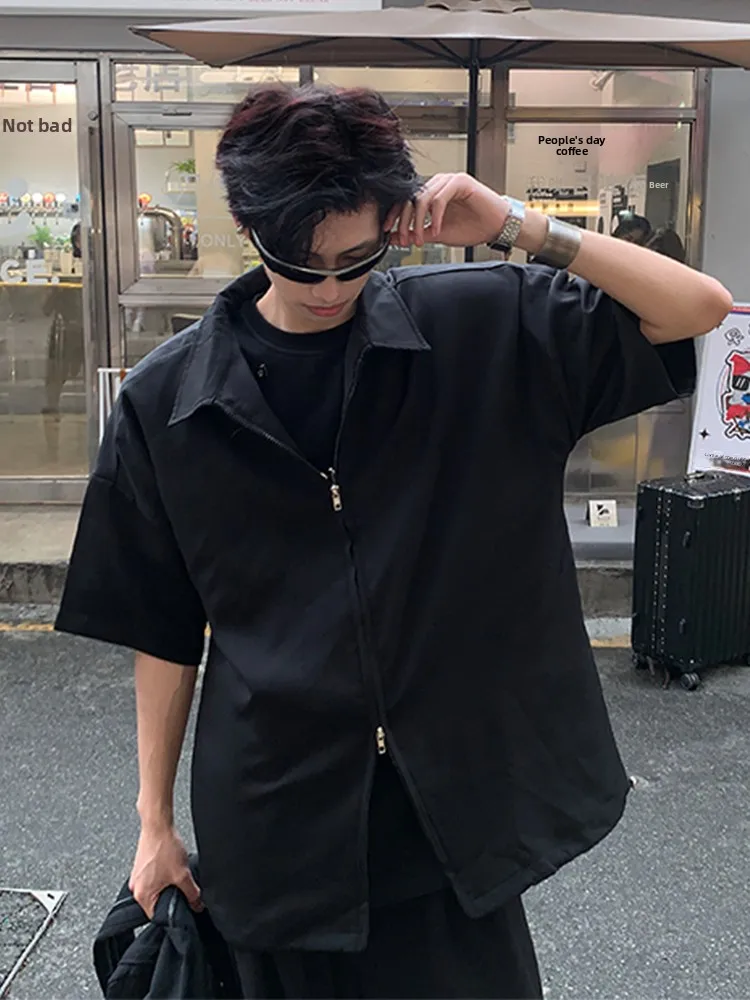 

Cleanfit Bla Double Zipper ort Sve Men's irt Summer Cool American Sle Trendy Brand Casual Coat Youth Loose Fit