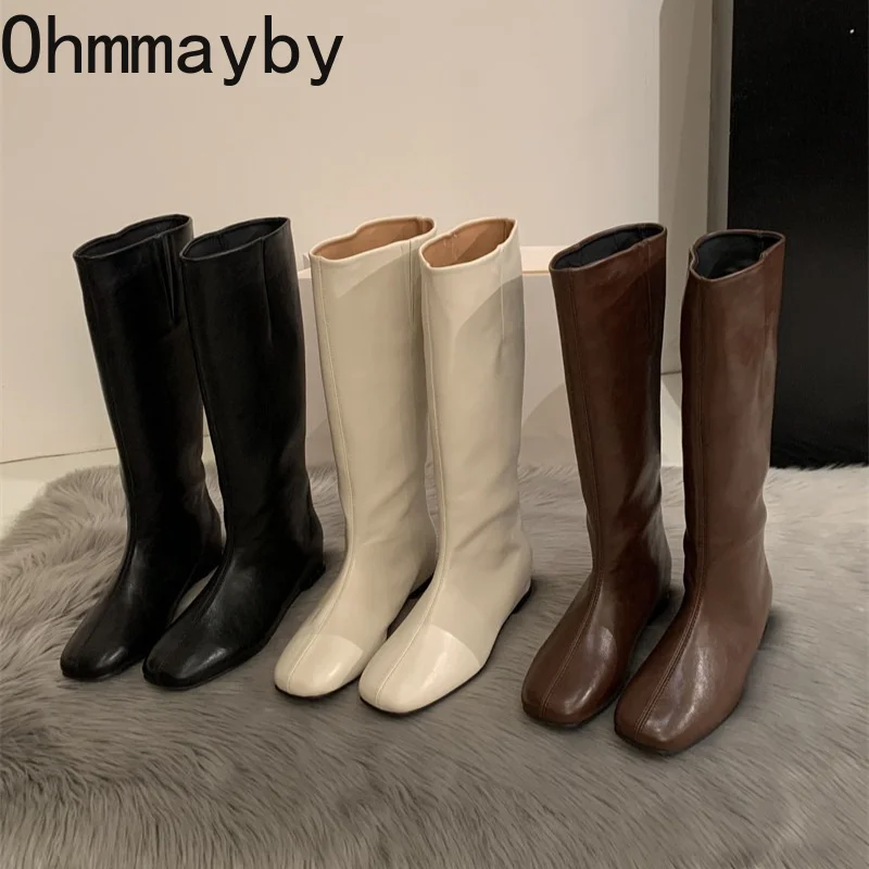 Quadratische Zehenpartie Damen Kniehohe Stiefel Modische Schuhe mit innerer Erhöhung zum Hineinschlüpfen Herbst Winter Damen Alltags-Lederstiefel Schlanke Lange Stiefel