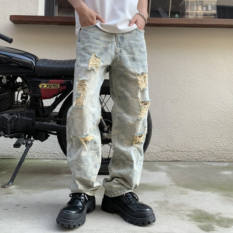 Y2k pants ripped cashew flower embroidery men's loose straight jeans vintage washed streetwear fashion knapwear hombre