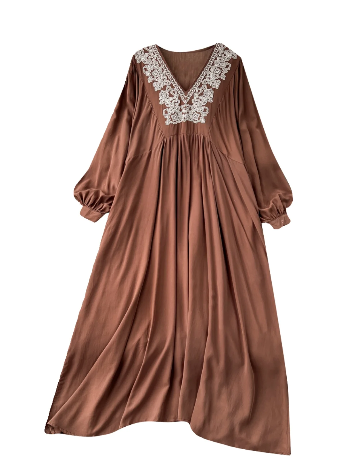 Ele plus Size Donna Lungo V-Ne Ricamato Dr Primavera 2024 Vestibilità ampia Vacanza Sle Pendolarismo coreano Vita alta A-Line...