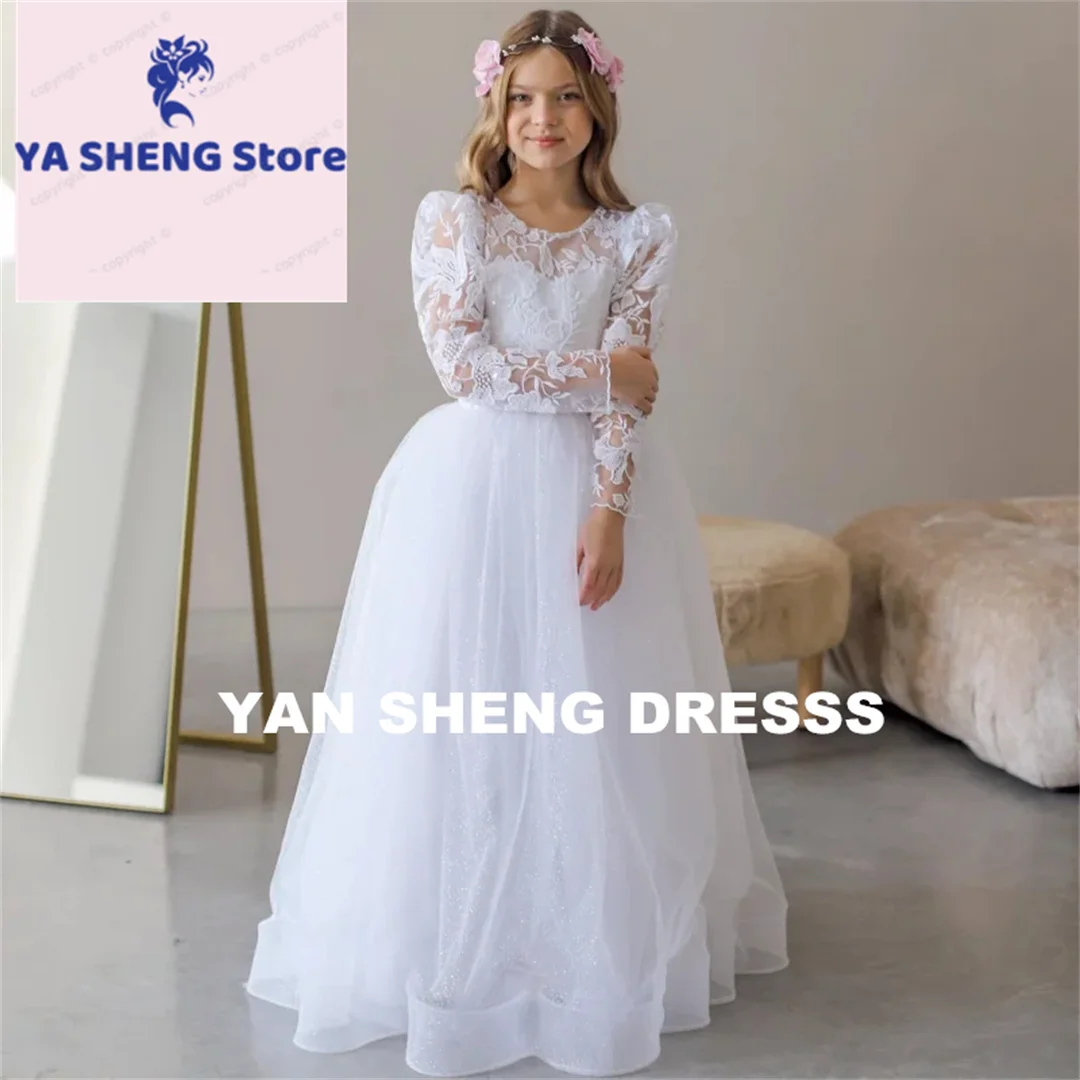Customization Long Sleeve White Tulle Flowers Embroidery Flower Girl Dresses For Wedding Birthday Party First Communion Gowns