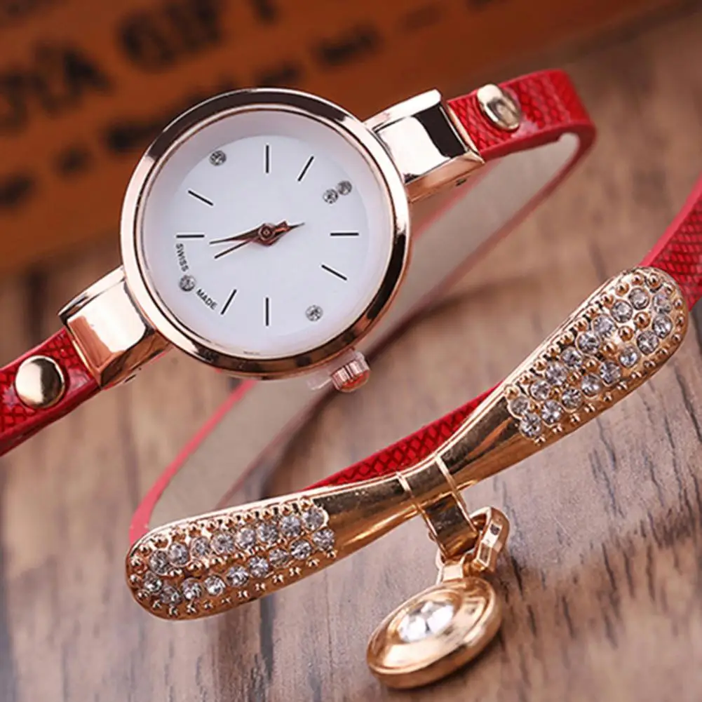 Rhinestone Inlaid Analog Quartz Watch Women Jewelry Crystal Diamond Watch Faux Leather Watchband Wrist Watch Fashion Wristwatch