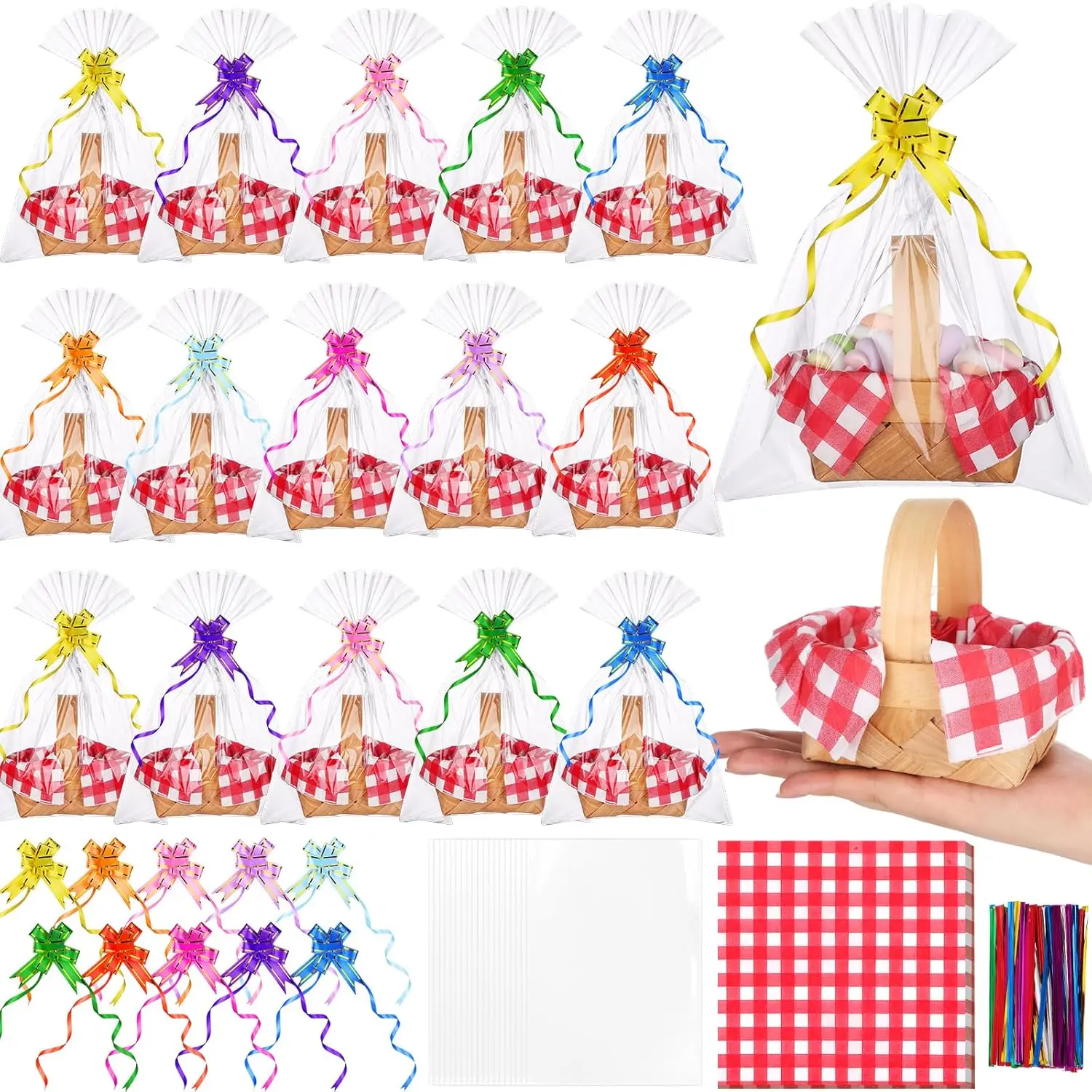 

24 Pcs Mini Woven Baskets with Handles 24 Paper Napkins 30 Plastic Bags 30 Multicolor Bows 30 Metallic Twist Ties Flower