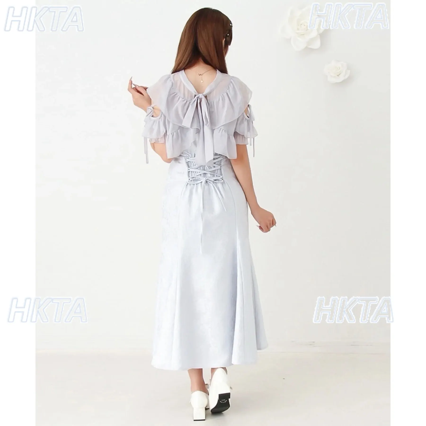 Japanese 2026 Spring Jacquard Sweet Ruffle Bow Strap Black Tops Elegant Commuter Slim Long Fishtail Dress Two Piecse Sets Women