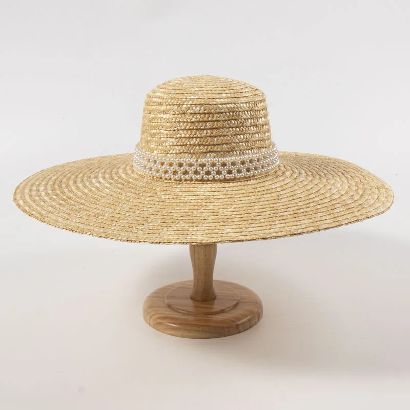 Women Fashion Wide Brim Wheat Straw Hat Pearl Decor Handwoven Flat Top Sun Cap EU US