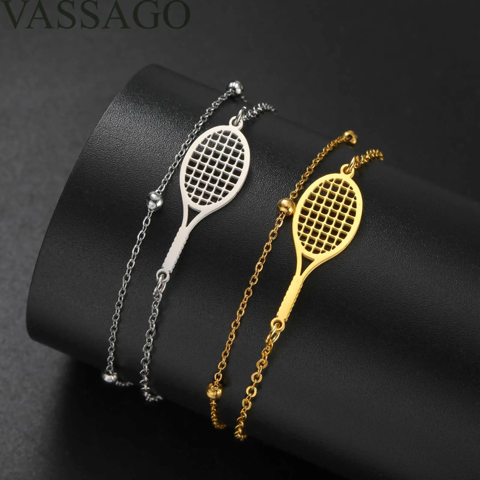 VASSAGO Tennis Racket Bracelet Dainty Adjustable Tennis Racket Charm Layering Sport Bangle Bracelet Lover Jewelry Tennis Gifts