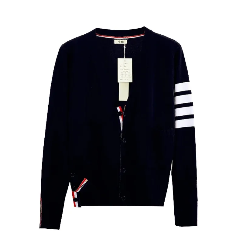 ex سترة مشغولة من الصوف ort ملابس خارجية فضفاضة المرأة Faion ربيع الخريف الكورية Sle V-Ne طويلة Sve سترة مخططة #6