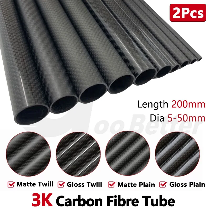 2pcs 200mm Roll Wrapped Carbon Fiber Tube High Composite 3K Plain Glossy Twill Matte OD5-50mm Pipe For Model Aircraft DIY Crafts