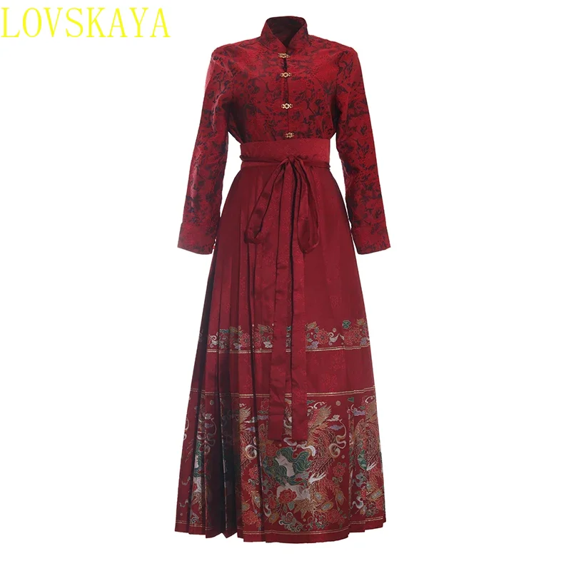 Chinese Festival Women's Hanfu Set Embroidered Horse Face Skirt Long sleeved Standing Collar Red Shirt Two piece Set