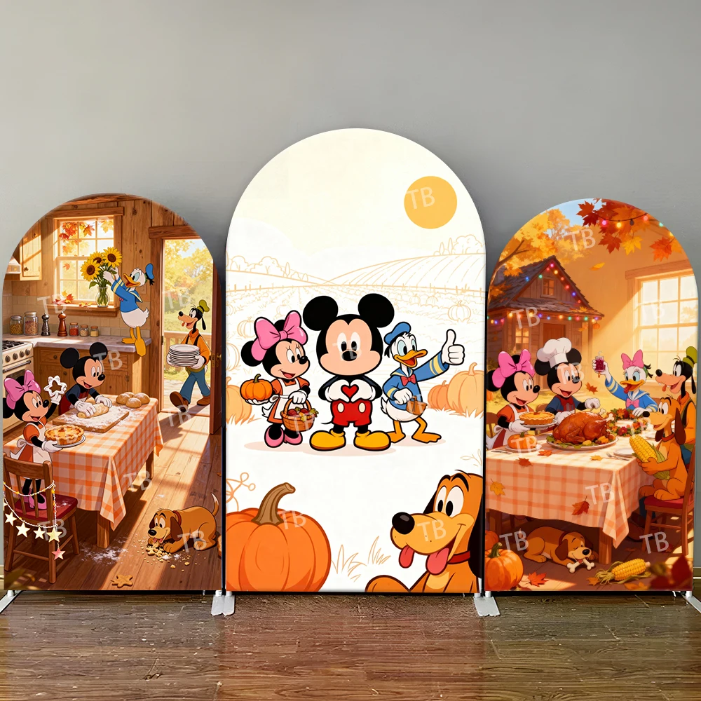 

Disney Mickey Thanksgiving Home Feast Arch Backdrop Cover Warm Family Scene For Birthday Party Cute Cartoon Photo Booth Decor