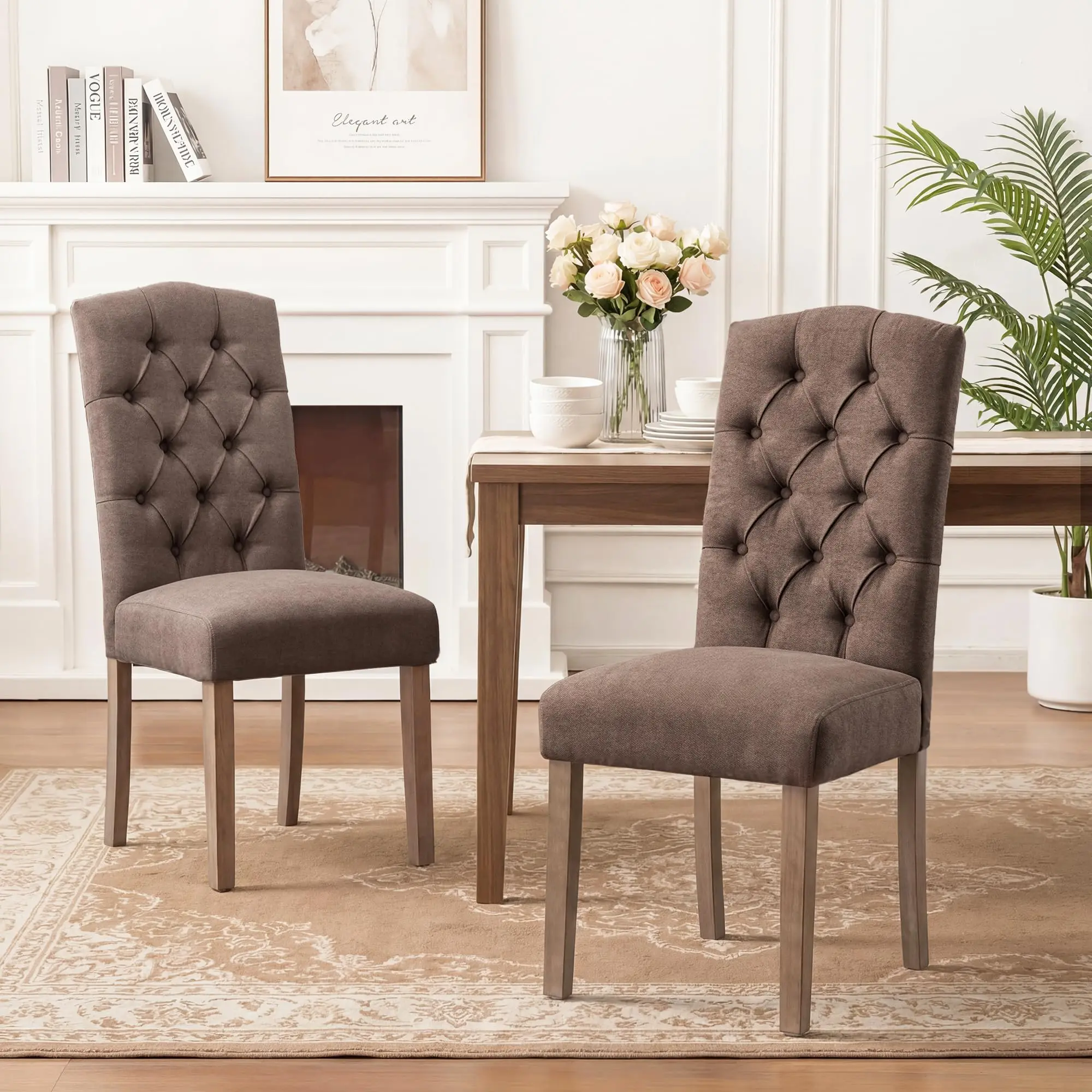 Tufted Dining Chair Fabric Button Upholstered Modern Kitchen Diner Set of 2 | Sturdy Wood Legs, Button High Back Side