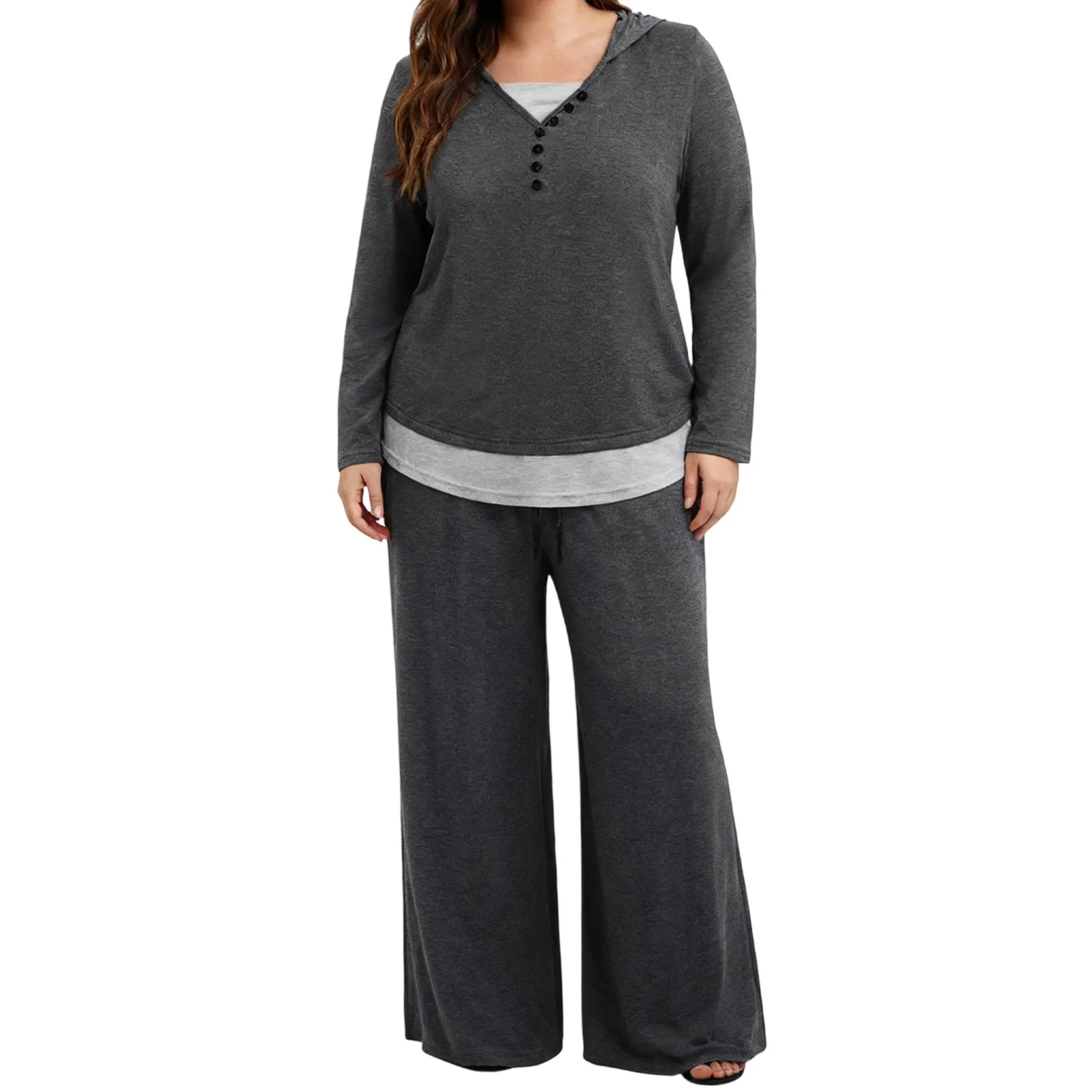 

Women s Plus Size Fall Outfits Patchwork Long Sleeve Hood Tops with Loose Pants 2 Pcs Set