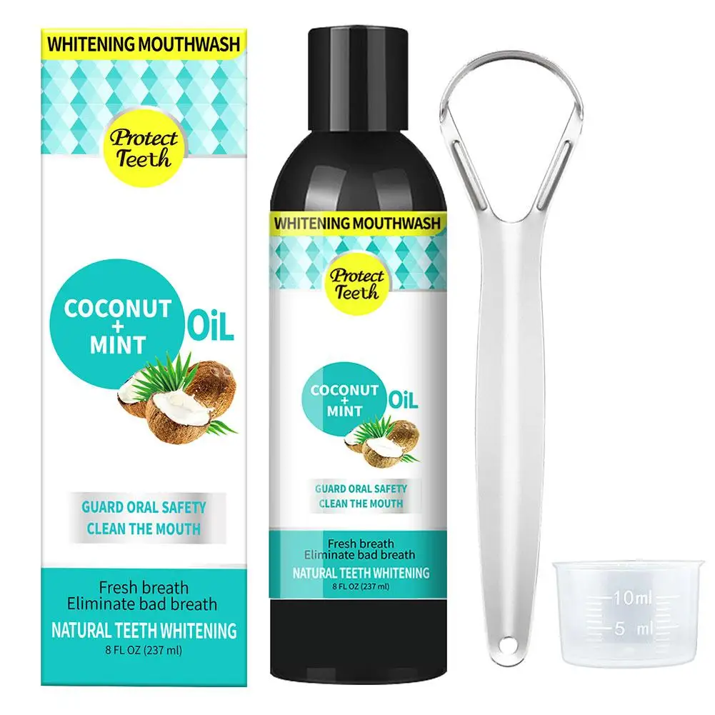 Coconut Mint Pulling Oil Mouthwash + Tongue Scraper Whitening Set Oral Breath Measuring + Care Cup Fresh Teeth Mouth Health H1D3