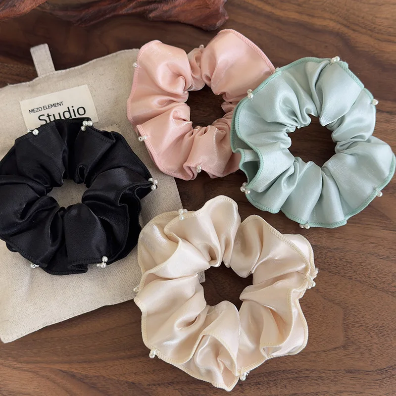 Scrunchie Hand Stitched Beads Pleated Scalloped Silky Satin Elastic Hair Tie  Classic Premium Daily Ponytail Holder for Women