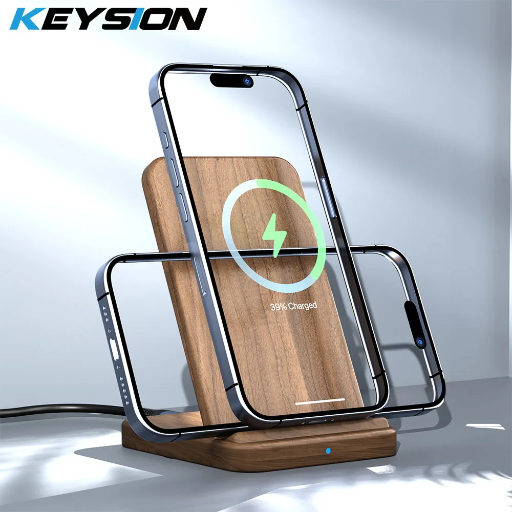 KEYSION 15W Fast Wireless Charger Stand for iPhone 15 Pro 14 13 12 11 Wood Qi Fast Wireless Charging Pad for Samsung S24 S23 S22