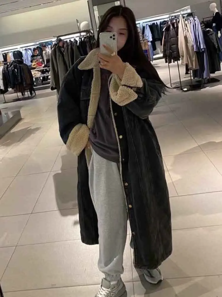 

Женское зимнее джинсовое пальто из меха ягненка Thiened Long Sve, теплое хлопковое пальто свободного кроя, повседневная уличная одежда в Корейском стиле