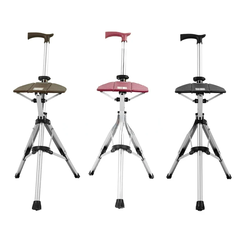 

With Seat Adjustable Elderly Crutch Chair with Stool High Quality Aluminum Alloy Foldable Walking Cane Stick