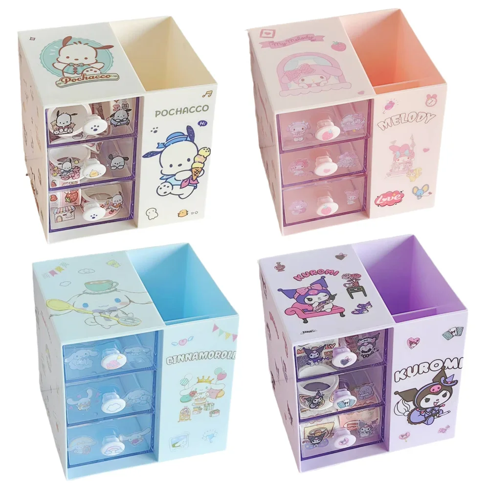 Sanrios My Melody Storage Box Kuromi Cinnamoroll Pochacco Pen Holder Drawer Organizer Box Anime Kawaii Mini Jewelry Cabinet Gift