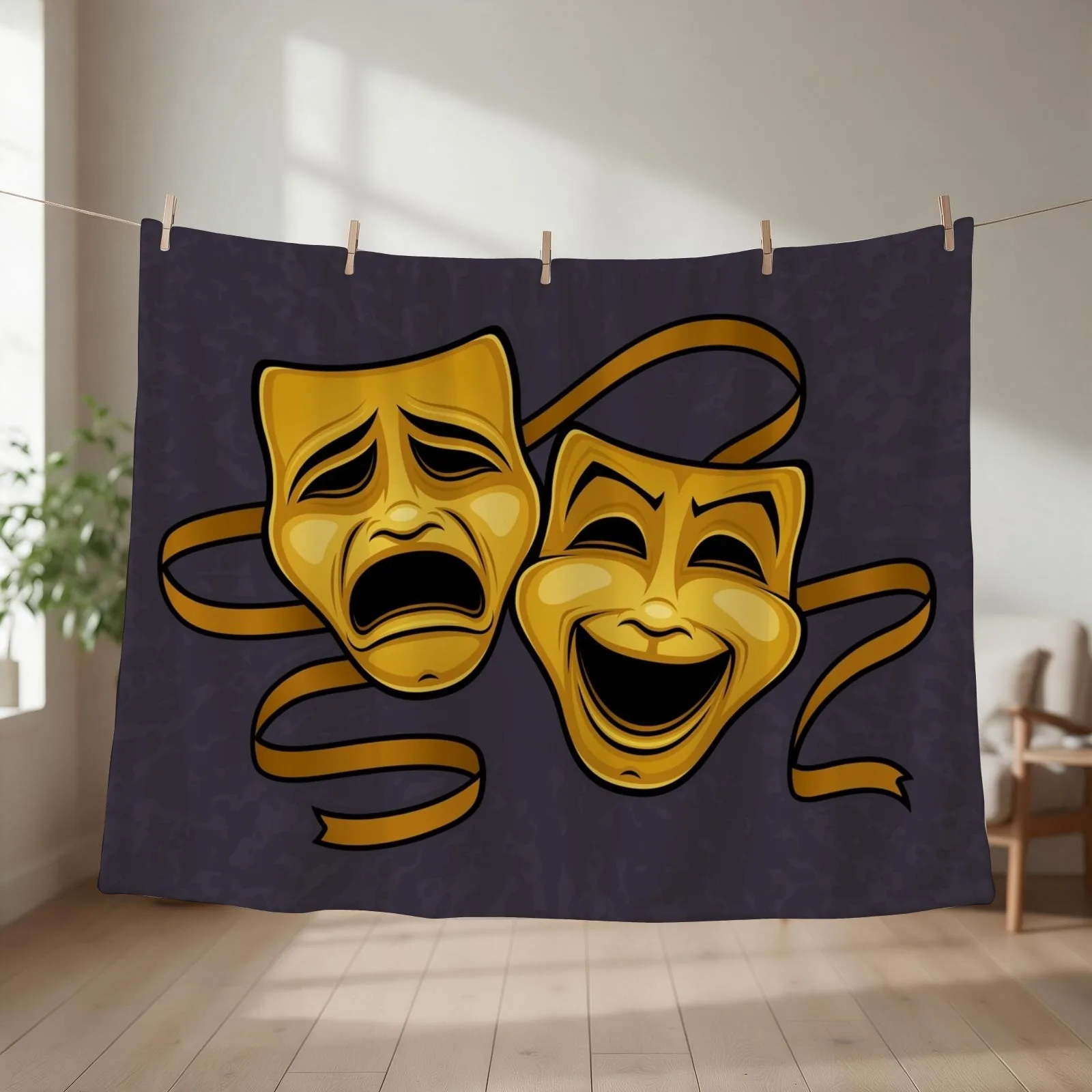 Gold Comedy And Tragedy Theater Masks Throw Blanket couch cozy soft plush fuzzy picnic outdoor blanket