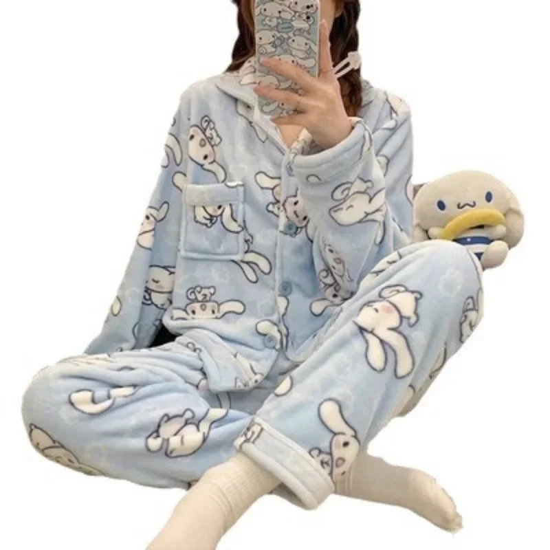 Sanrio Anime Kulomi Pajamas Kawaii Cartoon Jade Cinnamon Dog Cardigan Coral Flannel Winter Warm Pajamas Homewear Set