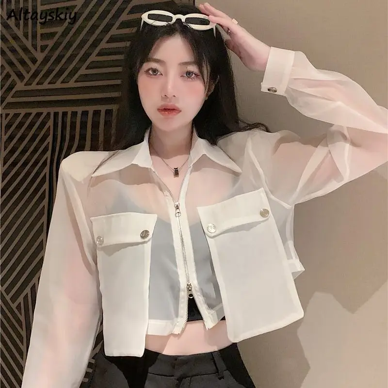 

Cropped Jackets for Women Sun-proof Coat Sexy Sheer Casual Summer Ulzzang Fashion Pockets Club Tender Streetwear New Personality