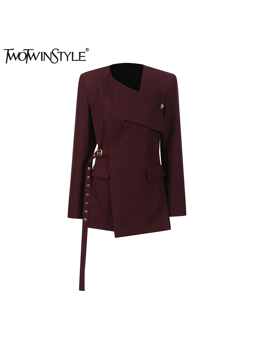 Twotwinstyle sólido assimétrico chique blazers para mulher com decote em v manga longa retalhos rendas até emagrecimento blazer moda feminina nova