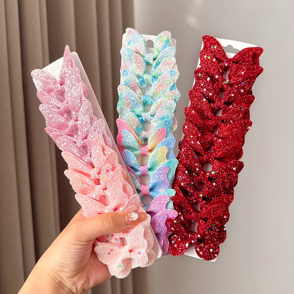 10Pcs/set Gradient Color Butterfly Bows Hair Clips Women Girls Glitter Leather Hairpins Barrettes Headwear Kids Hair Acesssories