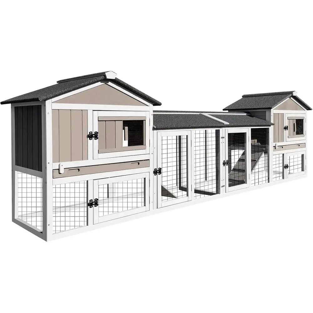 

Double Decker Rabbit Hutch with Removable Tray, Weatherproof Indoor/Outdoor Cage for 2 Bunnies, Grey