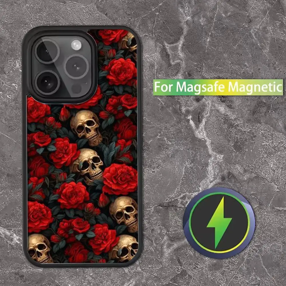 Casing Ponsel Kartun Tengkorak Bunga Untuk iPhone 17,16,15,14,13,12,11,Pro,Max,Plus,Mini,SE Magsafe Pengisian Daya Nirkabel Magnetik