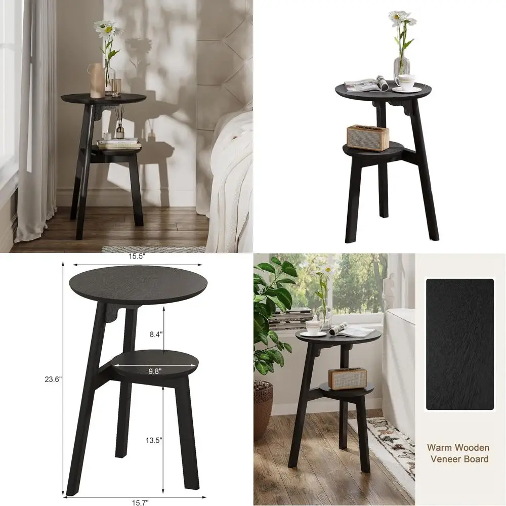 

Компактный 2-уровневый приставной столик с полкой для небольших помещений, идеально подходит для спальни и гостиной, черный