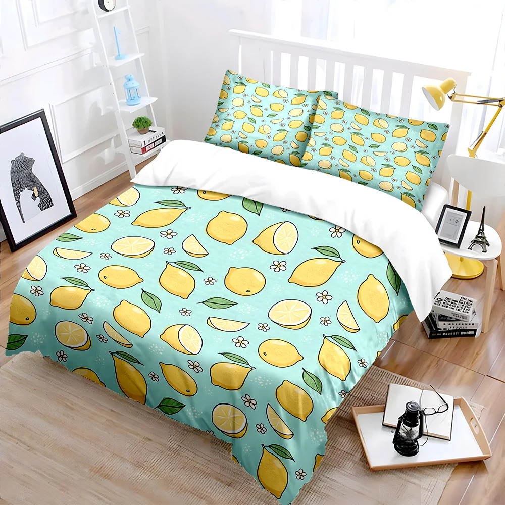 

Lemon and Leaf Fresh Pattern Print Bedding Set 1 Duvet Cover 2 Pillowcases for Adult and Children Luxury Gift Full Size