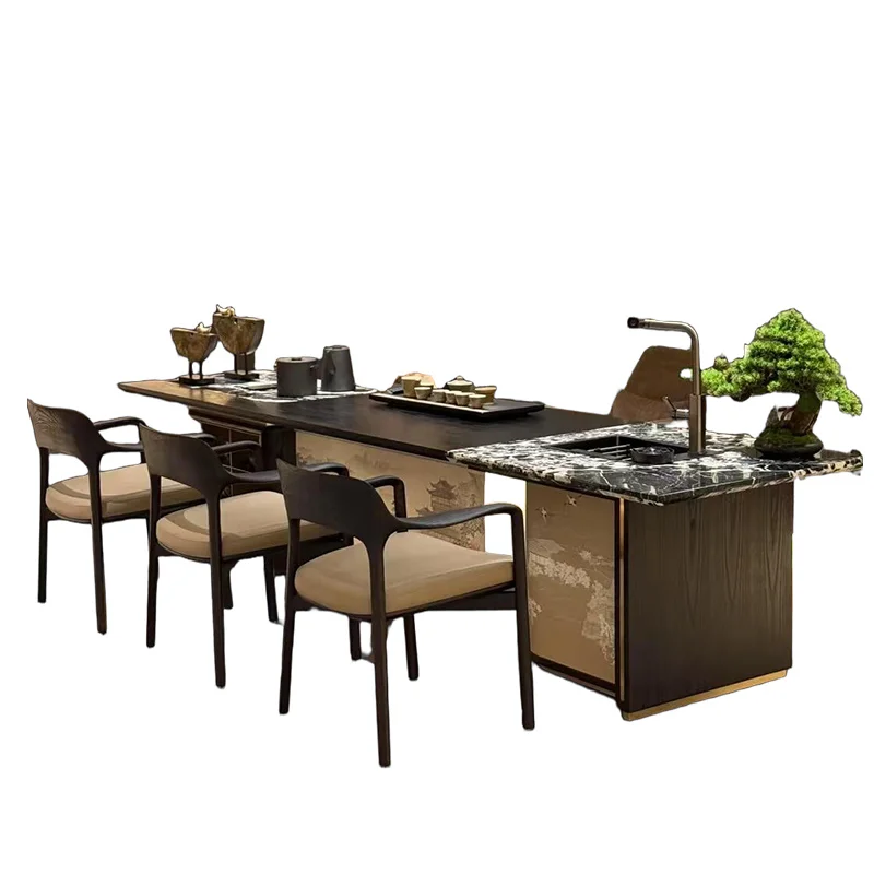 

New Chinese style solid wood rock slab tea table, black walnut modern office tea table