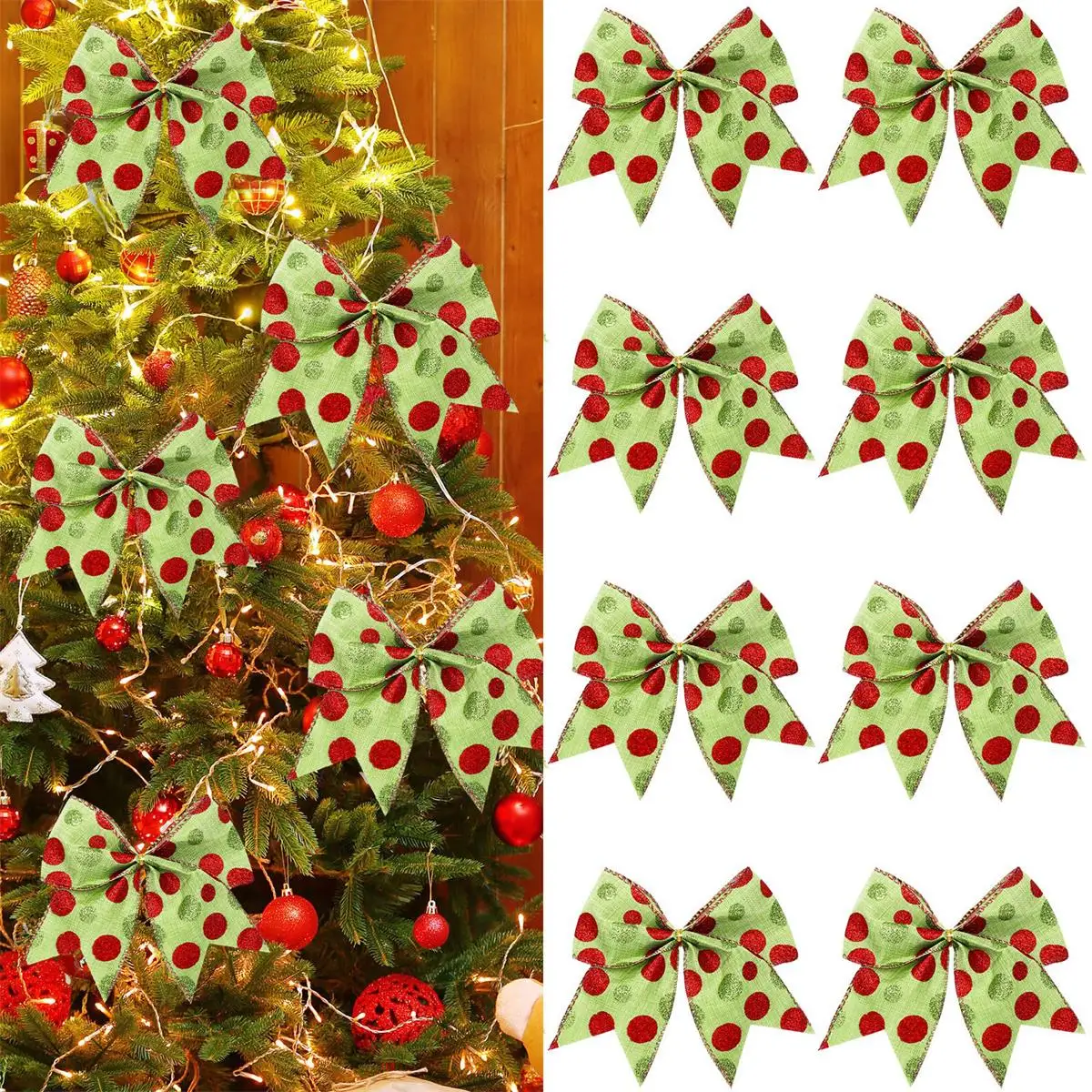 8PCS Red and Green Christmas Polka Dot Bow Decoration Christmas Accessories Gift Box Christmas Elf Tree Garland Decoration