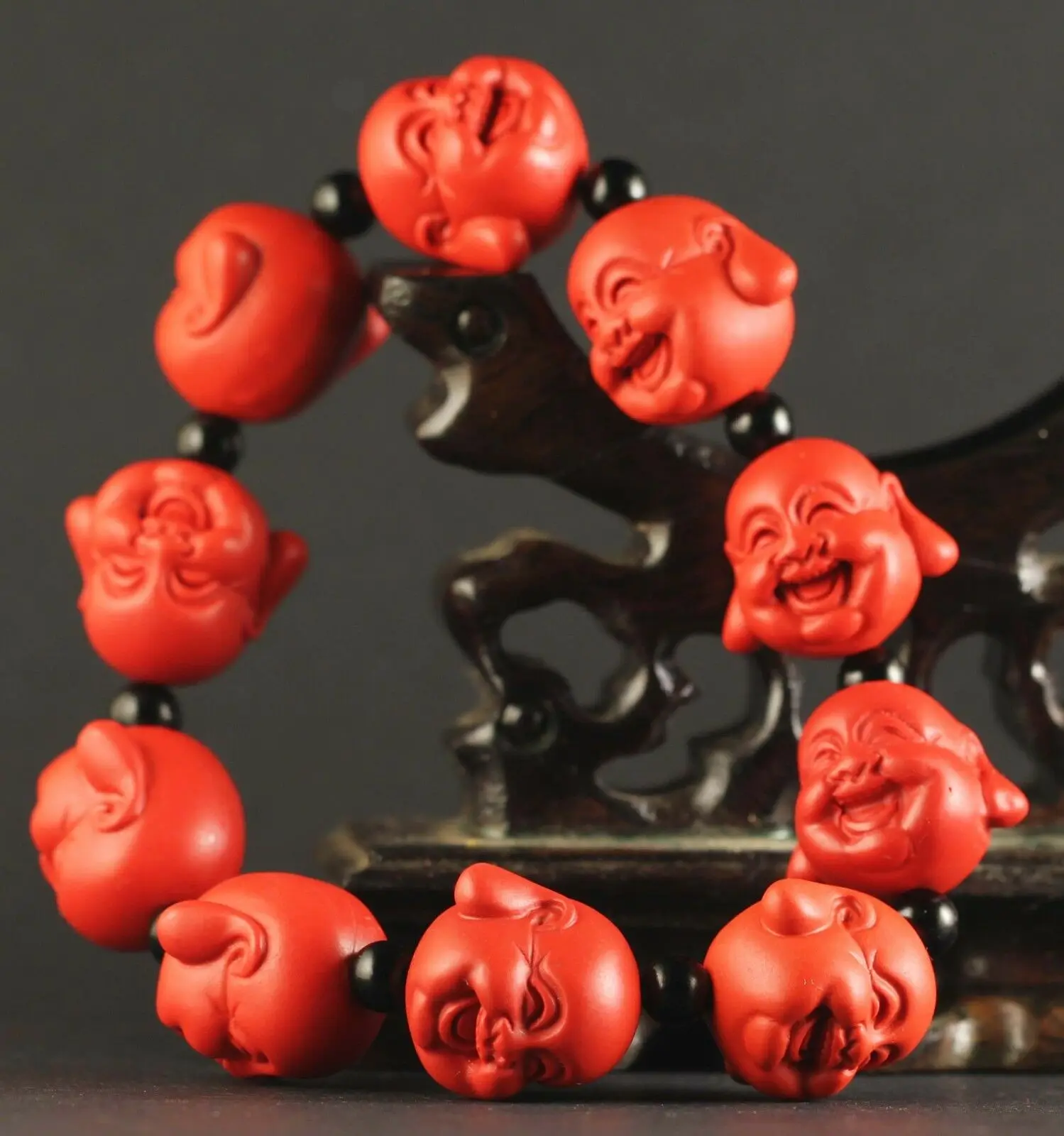 Chinese natural cinnabar red jade hand-carved nine buddha stretchy bangle